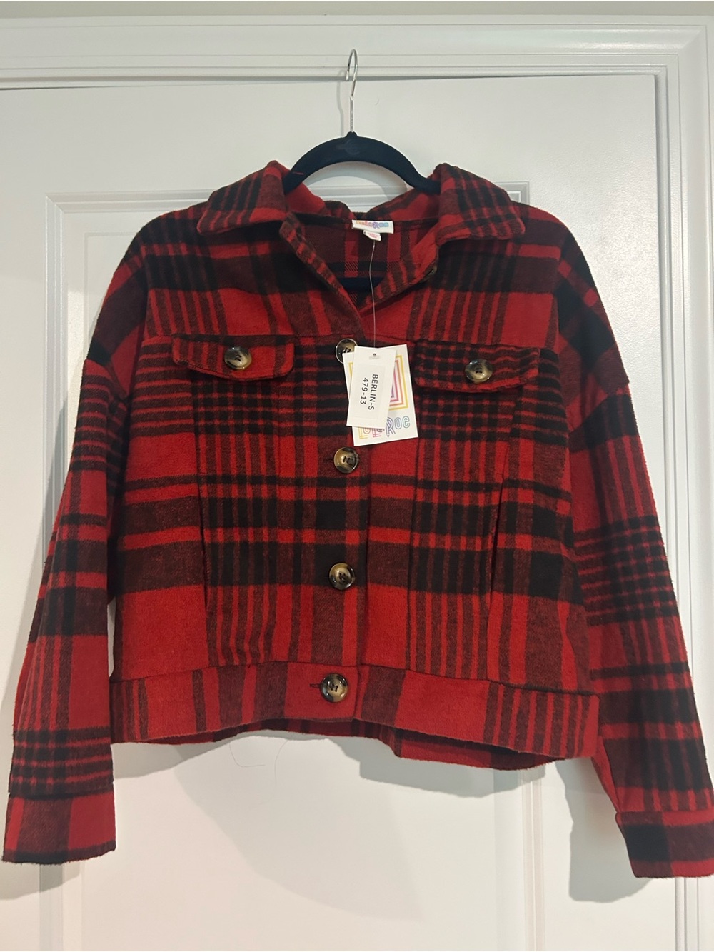 LuLaRoe Red and Black Plaid Button-Up Jacket